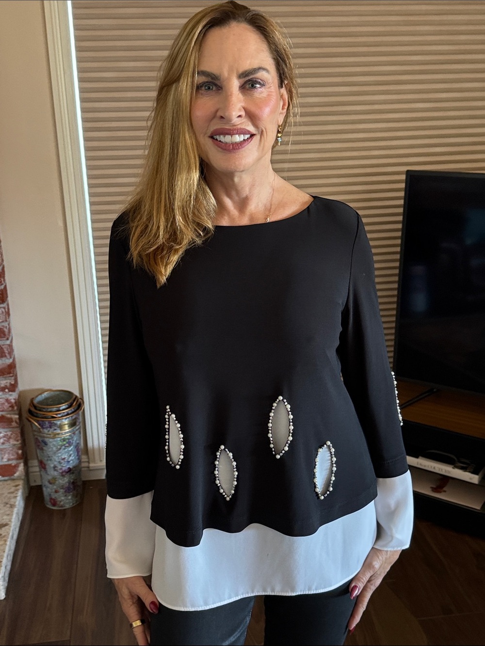 Joseph Ribkoff Black Top with White Hem & Pearl Cutouts